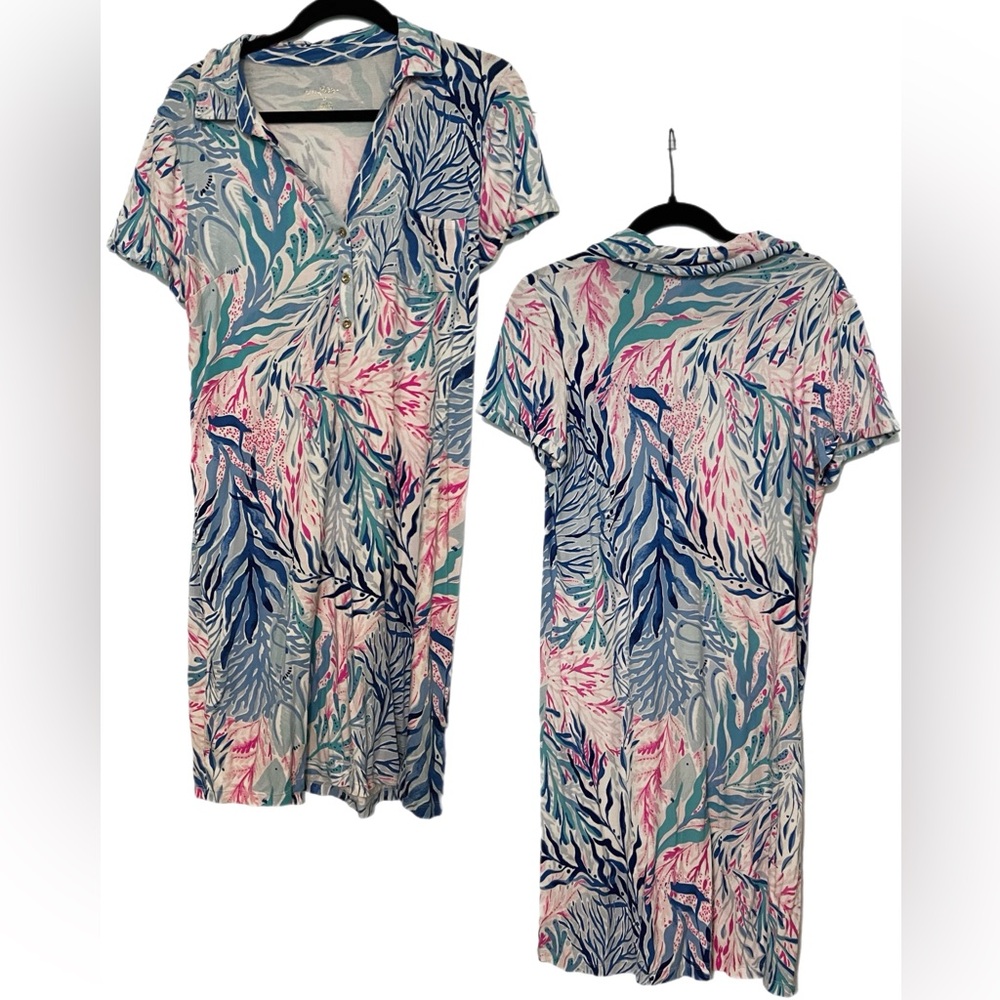 Lilly Pulitzer Sadie polo dress crew blue tint kaleidoscope coral size medium